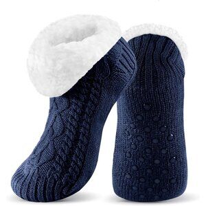 Men's Slipper Blue Socks with Grippers Fuzzy Thermal Winter Non-Slip Cozy Fleece